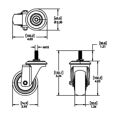 31-SM10D3-7 MODULAR SOLUTIONS CASTER 3" SWIVEL, M10 STEM W/LOCK